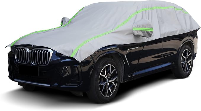 Half Car Cover SUV,Top Cover with Green Reflective Strip, Hail Protector Car Cover with Cotton Liner, Sunroof & Windshield Cover for Ice and Snow, All Weather Car Body Cover for Snow, Sun, Rain, Dust
