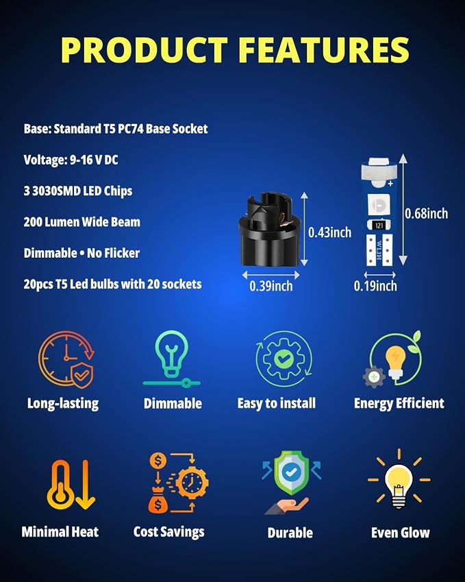 74 Led Bulb Dash Lights Mini T5 2721 27 37 286 Wedge PC74 Twist Socket Automotive Instrument Panel Gauge Light Kits Cluster Shift Indicator Interior Bulbs 12V Blue Pack of 20