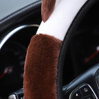 Car Steering Wheel Cover, Fluffy Soft Plush for Winter Warm, Cute Steering Wheel Protector with Kitty Cat Ears, Universal 15 Inch, Elastic & Anti-Slip, Lovely Decor Car Accessories (Coffee)