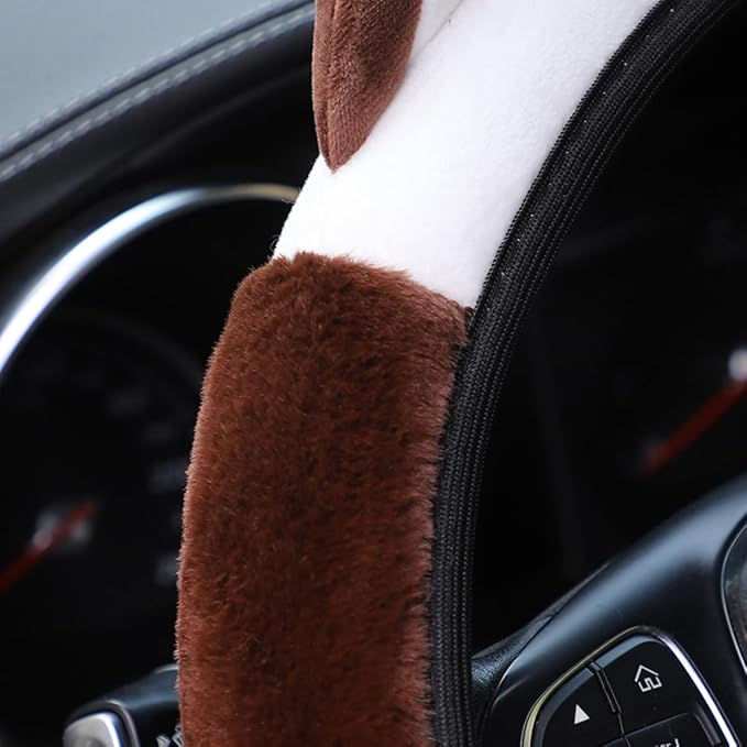 Car Steering Wheel Cover, Fluffy Soft Plush for Winter Warm, Cute Steering Wheel Protector with Kitty Cat Ears, Universal 15 Inch, Elastic & Anti-Slip, Lovely Decor Car Accessories (Coffee)