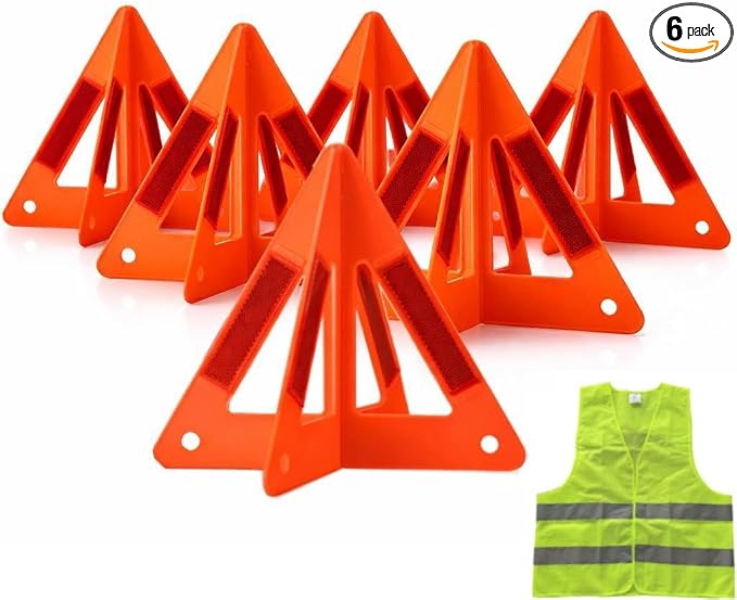 Safety Triangles for Vehicles, 6 Set Emergency Warning Reflective Triangles, Modular Two-Piece Design, High Visibility Roadside Safety Triangles for Car, Truck, SUV