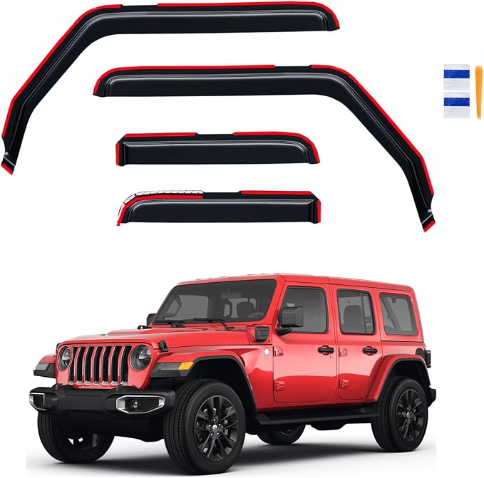 in-Channel Rain Guards for Jeep Wrangler JL 2018-2026/ Jeep Gladiator 2020-2026, Window Visor Shields Vent Deflector Shade Wind Dark Smoke 2019 2021 2022 2023 2024 2025, Tape-On Outside-Mount, 4PCS