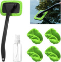 Car Windshield Cleaning Tool, Microfiber Vehicle Window Cleaner with 5 Washable Reusable Cloth Pad & 1 Spray Bottle, Automotive Glass Wiper Cleaning Kit Accessories, Universal Fit (Green)