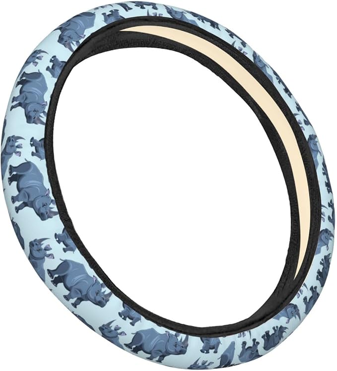 Cartoon Animal African Rhinos Steering Wheel Covers Anti-Slip Elasticity Car Accessories Steering Wheel Protector Universal 15 Inch for Cars SUV Vehicle Truck