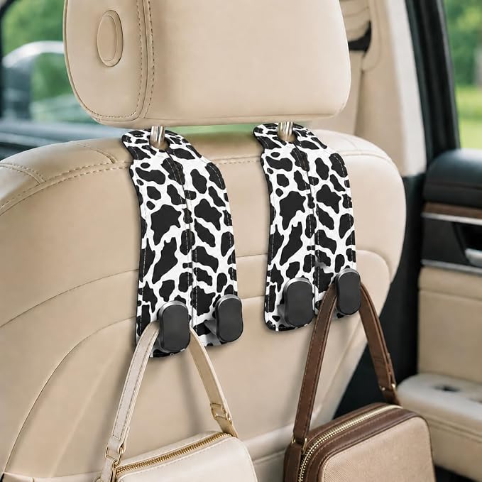Cute Cow Car Seat Back Storage Headrest Hooks for Purses & Bags – 2PCS PU Leather Dual Metal Hooks, Backseat Organizer Accessories