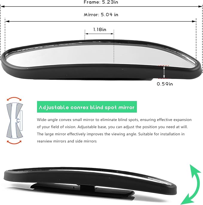 2PCS Blind Spot Car Mirror, Rectangular HD Glass Wide Angle Rearview Mirror with Adjustable Stick, Long Framed ABS Housing Convex Side Rear View Mirrors for Car SUV Truck (2 PCS)