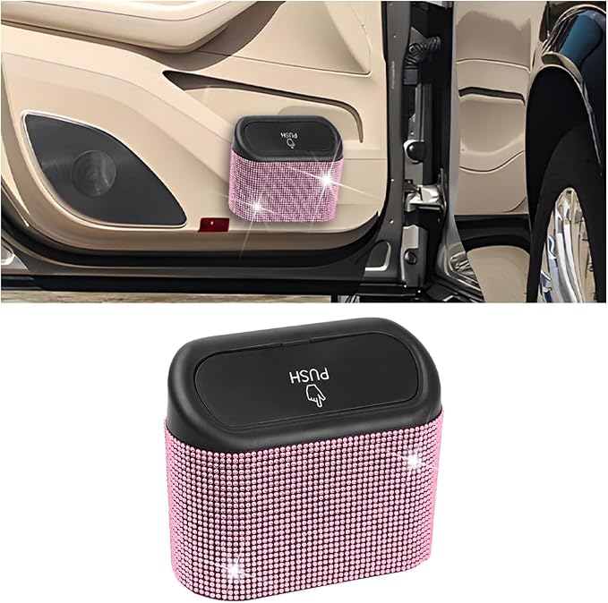 Bling Car Trash Can with Lid, Crystal Rhinestones Leakproof Auto Garbage Hanging Container Bin, Multipurpose Diamond Dustbin Storage Organizer, Universal Vehicle Accessories (Pink)