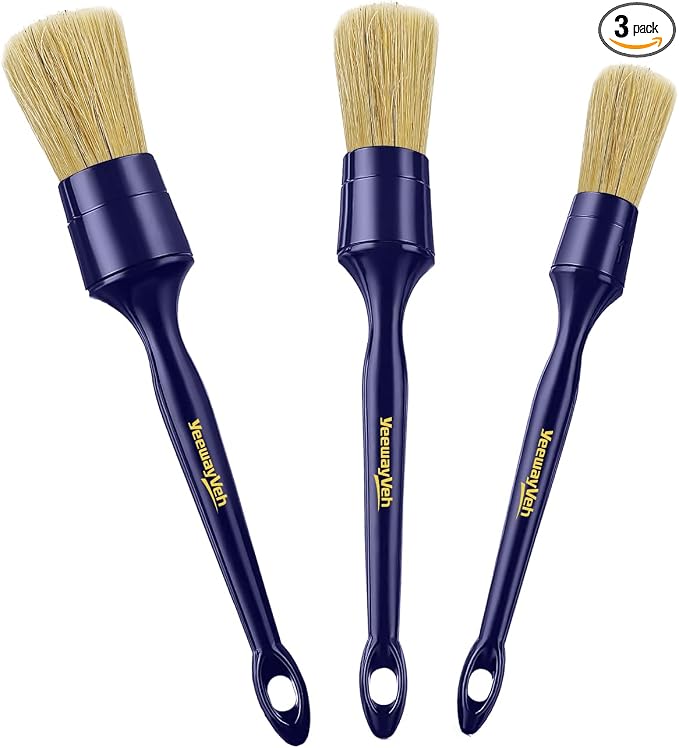 Car Detailing Brush Set, 3 Pack Ultra Soft Boars Hair Detailing Brushes for Leather Seat Air Vents Engine Bay, Auto Detail Brushes Car Detailing for Interior Exterior, Indigo