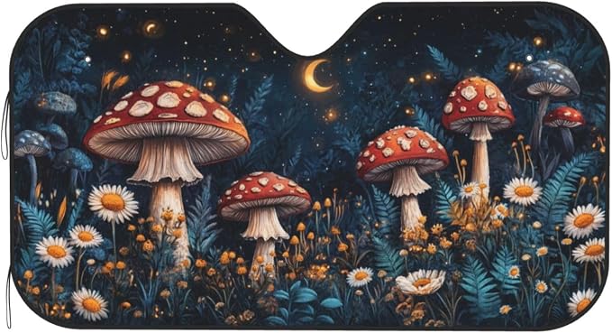 Windshield Sun Shade Mushroom Forest Vintage Moon Car Front Window Sunshade Cover for Truck SUV Blocks UV Rays Automotive Visor Interior Protector 51 x 27.5 inch