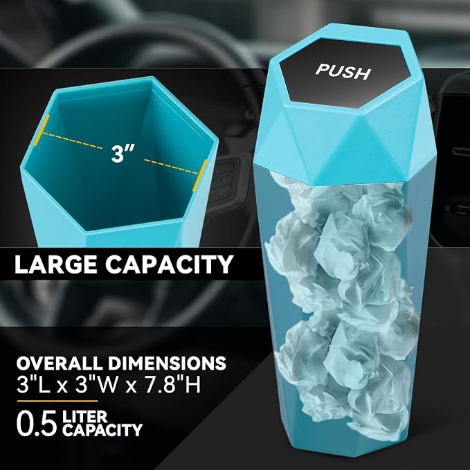 Car Trash Can with Lid, Blue Car Garbage Can Cup Holder for Interior, 2 Pack Mini Leakproof Garbage Can with 30Pcs Trash Bags, Multipurpose Storage Organizer for Vehicle Home Office