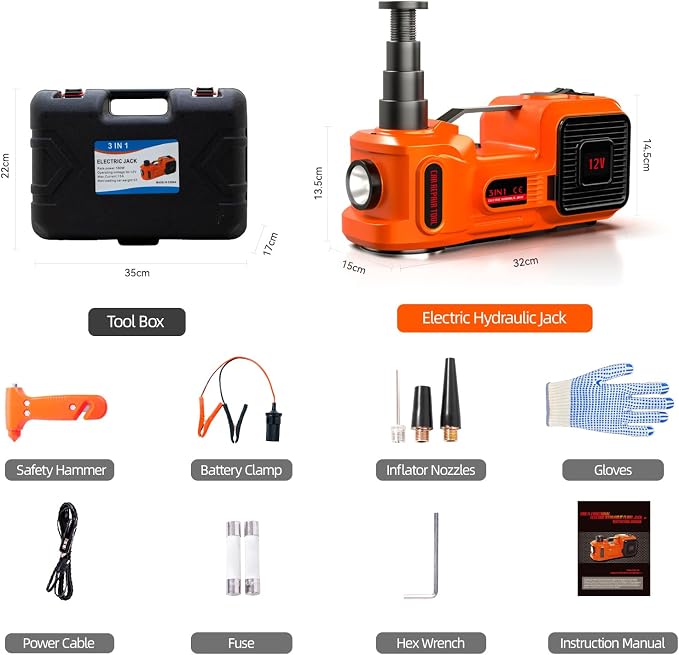 Car Jack Electric Hydraulic Jack 5Ton 155-450mm 3in1 Lift Inflator LED Light 12V Portable Outdoor Home Emergency Tire Change Roadside Rescue Tool