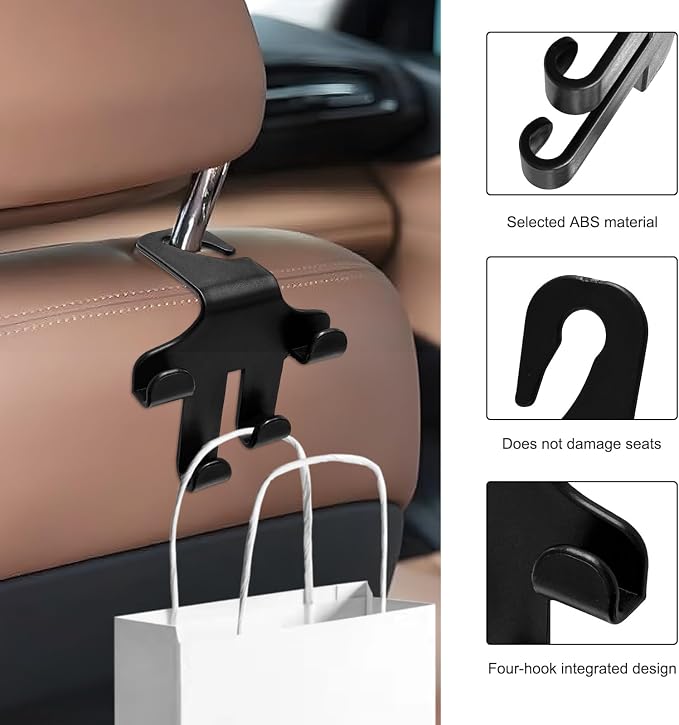 2PCS Car Seat Headrest Hooks, 4-in-1 Sturdy Car Seat Back Hanger Multifunctional Hanging Holder, Heavy Duty Auto Storage Hook Organizer for Handbags Purses Coats Grocery Bags