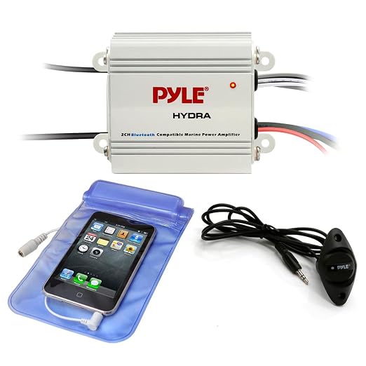 Pyle Auto 2-Channel Bridgeable Marine Amplifier - 200 Watt RMS 4 OHM Full Range Stereo w/ Wireless Bluetooth & Powerful Prime Speaker - High Crossover HD Music Audio Multi-Channel System