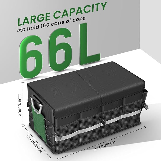 Trunk Organizer With Waterproof Bag, Collapsible Multi Compartment Storage for Car, SUV, Sedan, Truck - Non Slip Bottom, Aluminium Handle (Black, Large 66L)