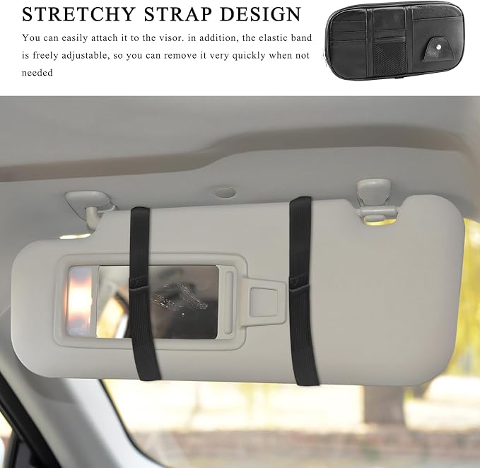 Car Sun Visor Organizer, Leather Multi-Pocket Visor Organizer Pouch with Double Zippers Net, Sunglass Holder Storage Pocket for License Pen Key Card Registration Document (Black)