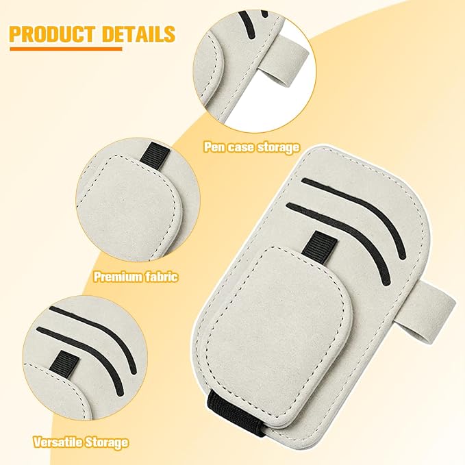 Car Sun Visor Organizer, Multi-Pocket Vehicle Sunglass Card Holder with Pen Slot, Automotive Interior Sunshade Glasses Storage Organizer, Universal Fit (White)