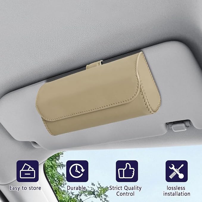Sunglasses Holder for Car Sun Visor, Sunglass Organizer for Car, Magnetic Leather Eyeglasses Protective Storage Case, Waterproof Glasses Organizer Visor Accessories for Vehicles (Beige)
