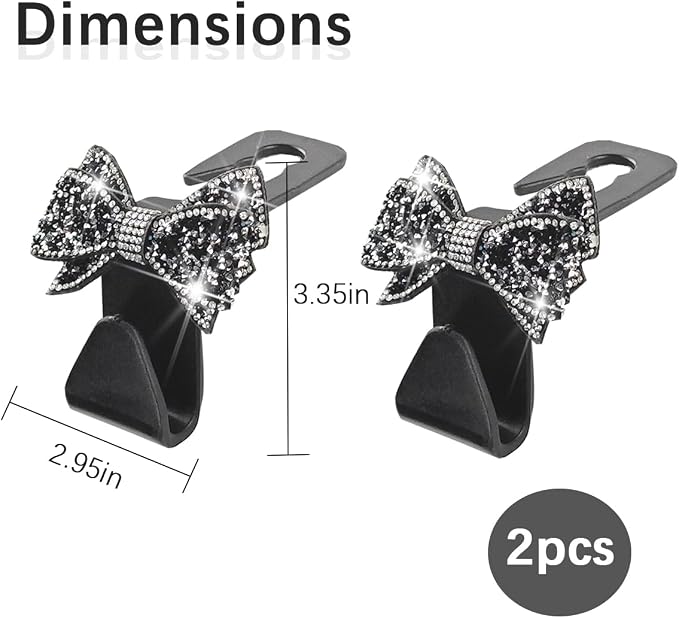 Zpana Bling Car Headreat Hook, 2PCS Crystal Rhinestone Cute Bow Vehicle Seat Back Hanger Storage for Purses Bags Grocery, Diamond Auto Rear Seat Organizer, Universal for SUV Truck Sedan (Black)