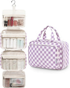 Travel Toiletry Bag for Women Large Hanging Makeup Bag Organizer Toiletries Bag for Full Size Essentials Accessories Cosmetics (Purple Checkerboard (Large))