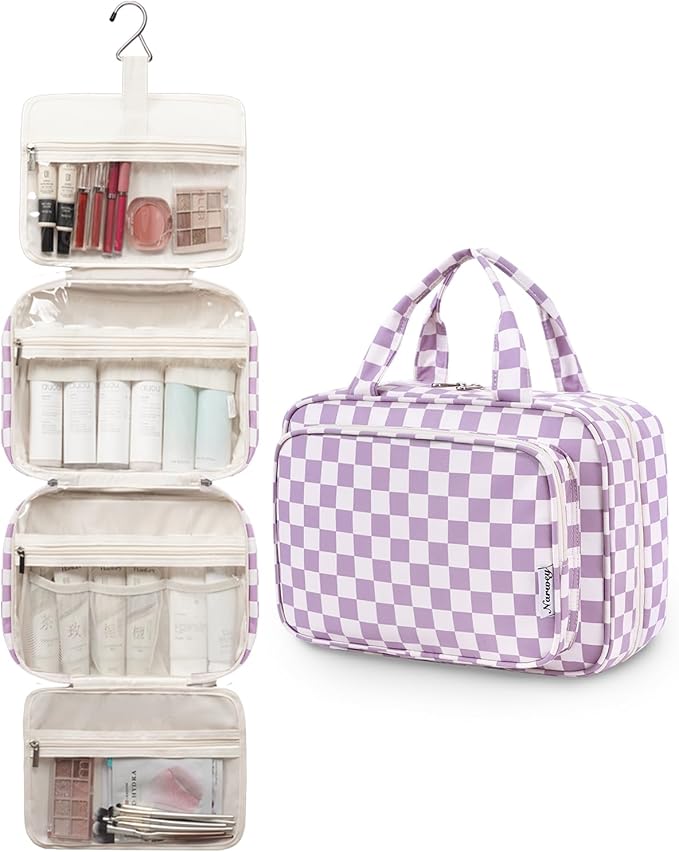 Travel Toiletry Bag for Women Large Hanging Makeup Bag Organizer Toiletries Bag for Full Size Essentials Accessories Cosmetics (Purple Checkerboard (Large))