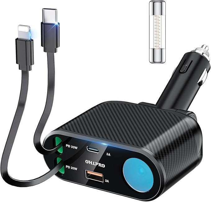 Retractable Car Charger Cigarette Lighter Adapter, 168W 5 in 1 Fast Phone Charging Built-in Replaceable Fuse, Socket Splitter with USB C and USB i Cord, Fit for Phone iPad Galaxy GPS, Black