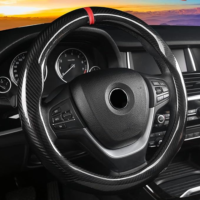 Carbon Fiber Steering Wheel Cover, Universal Standard Size 14.5-15 inch Fashion Sport Auto Car Steering Wheel Accessories for Men, Black
