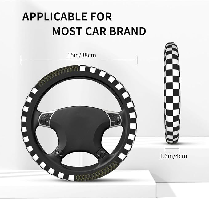 Black White Checkered Steering Wheel Cover Racing Flag Steering Wheel Protector Neoprene 15Inch Car Accessories 2 Pcs Car Coasters for Women Men