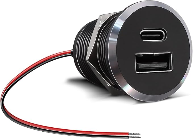 12V USB Outlet All-Aluminum QC 3.0 USB-A & USB-C PD3.0 Dual Fast Car Charger Socket, Recessed Mount Car USB Port for Car Truck Boat RV Camper Van Trailer (Small Version)