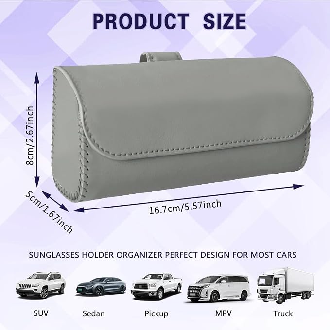 Sunglasses Holder for Car Sun Visor, Sunglass Organizer for Car, Magnetic Leather Eyeglasses Protective Storage Case, Waterproof Glasses Organizer Visor Accessories for Vehicles (Gray)