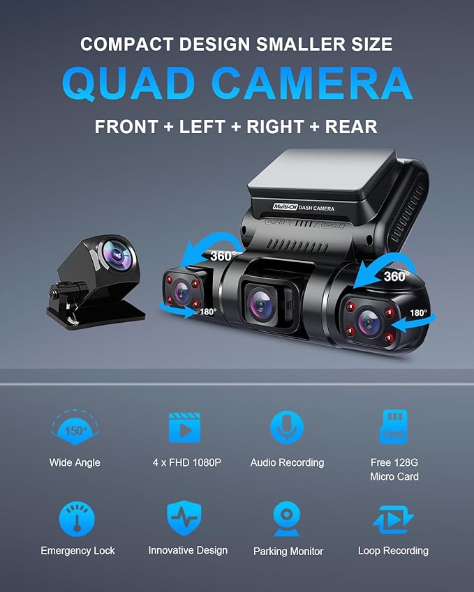 360° 4 Channel Dash Cam Front and Rear Inside Left Right, Dash Camera for Cars, Built-in GPS WiFi Night Vision, 24/7 Recording Parking Mode Monitor, 128G Card Included