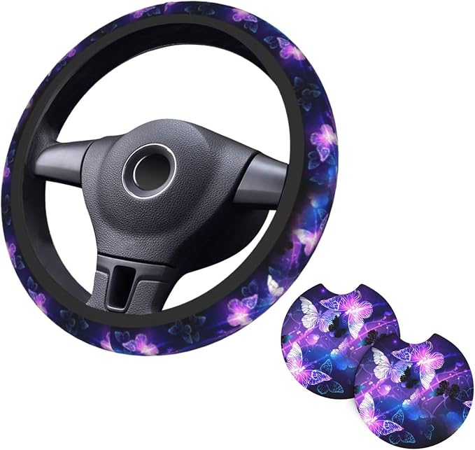 Butterfly Purple Steering Wheel Cover - Purple Butterfly Steering Wheel Cover Anti-Slip Breathable 15 Inch Universal 2 Pcs Car Interior Cup Holder Pad for Men Women