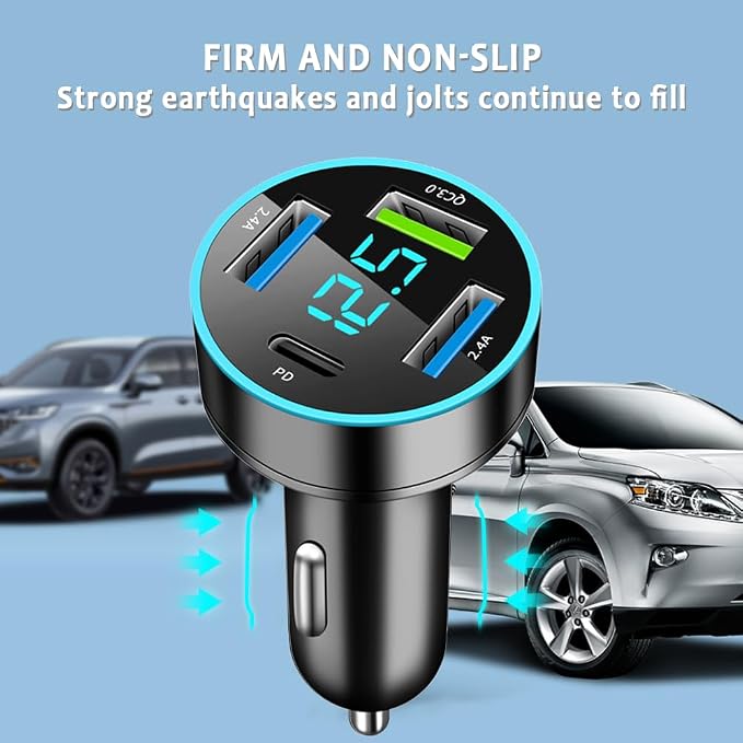 4 Ports Fast Car Charger,[Upgrade Voltmeter Display] PD+QC3.0 Car Charger Adapter for 12-24V Cigarette Lighter Plug,Phone Charger Compatible with iPhone/Android/Samsung/iPad(QC3.0+PD+2.4A+2.4A)