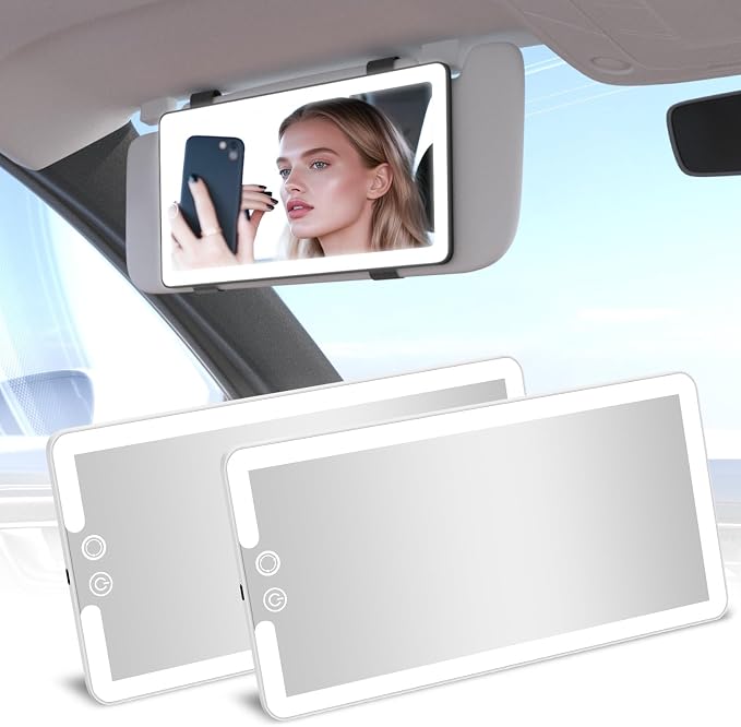 2PCS Car Visor Vanity Mirror with Lights, Rechargeable Dimmable Touch LED Sun Visor Mirrors, Large Detachable Vanity Makeup Mirror with 3 Color Modes for Truck SUV Car Accessories for Women(White)