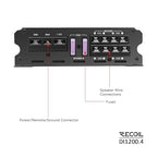 DI1200-4 Full-Range Class-D 4-Channel Car Audio Amplifier, 2,400 Watts, 2-4 Ohm Stable, MOSFET Power Supply, Bridgeable