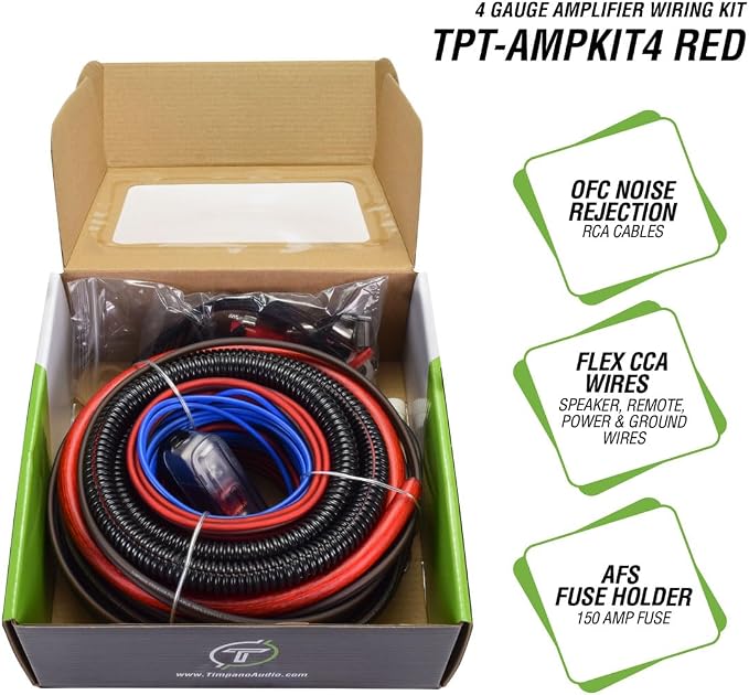 Timpano Amplifier Wiring Kit - 4 Gauge Amp Kit 2000 Watts Car Amplifier Installation CCA Cables Kit – 150 Amp Fuse Single Amp TPT-AMPKIT4 RED