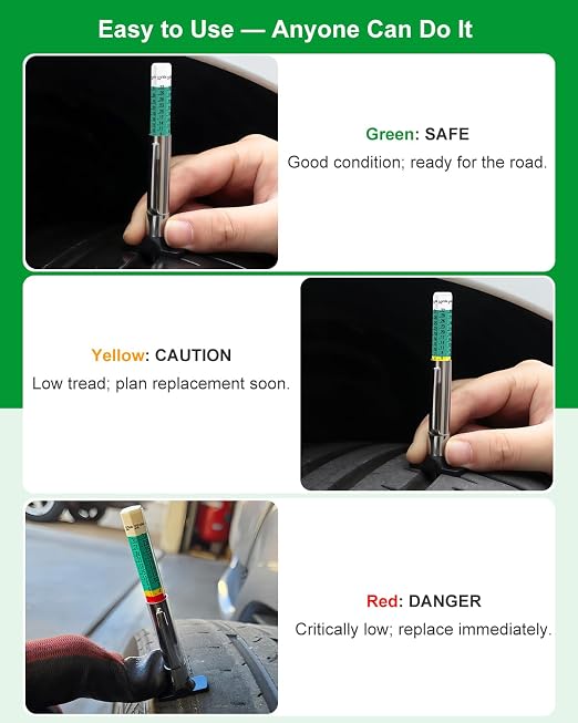 Tire Tread Depth Gauge & Pencil Tire Pressure Gauge 10-75 PSI, Calibrated to ANSI B40.1 Grade B(±2%), Color-Coded Tread Indicator, 4 Valve Caps & Storage Case, Tire Safety Kit for Cars, SUVs