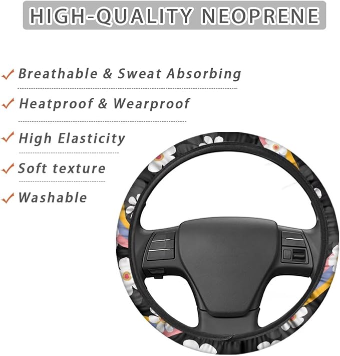 Groovy Hippie Flower Pattern Sweat Absorption Steering Wheel Cover with Anti-Slip Lining for Car Truck SUV Van Universal Car Wheel Cover Polyester Cover Car Decoration