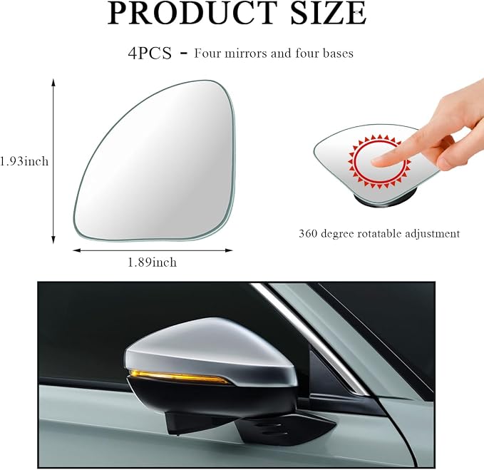 2 PCS Car Blind Spot Mirror, Fan Shaped HD Glass Convex 360° Rotating Wide Angle Side Mirror, Frameless Car Blindspot Mirror for Larger Image and Traffic Safety (Fan Shaped, 4 PCS)