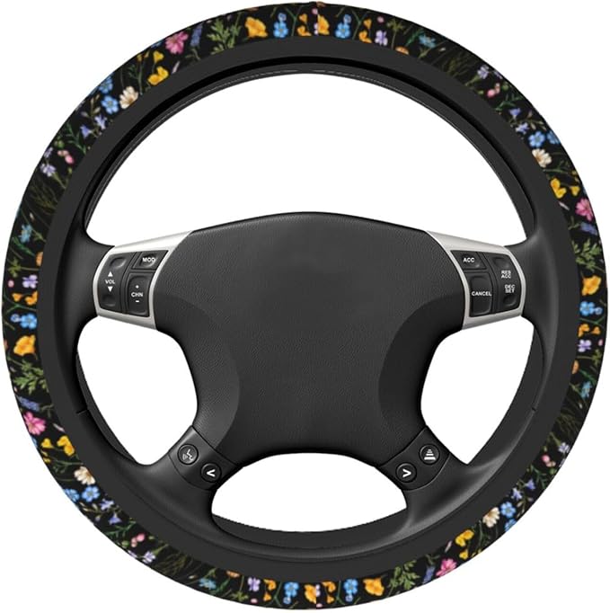 Spring Flower Colorful Leaves Steering Wheel Cover Car Accessories Cute for Women Girls Girly Universal 15 Inch Neoprene Auto Interior Decor Anti Slip Car Truck Protector