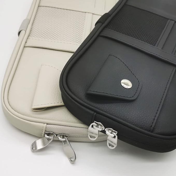 Car Visor Organier Truck SUV Sun Visor Storage Pocket PU Leather Pouch Holder with Multi-Pocket Double Zipper Net Pocket, for Cards Pens Sunglasses Document (Cream Grey)