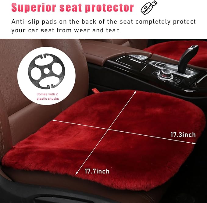 Sheepskin Car Seat Cushion, Comfortable Soft Fur Wool Auto Front Seat Cover, Vehicle Seat Protector Pad for Warm Winter Office Chair, Universal Decor Car Accessories (Wine Red)
