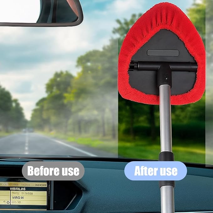 Car Windshield Cleaner Tool, Vehicle Window Detailing Cleaning Kit with Extendable Handle & 4 Washable Microfiber Pad, Auto Glass Wiper Cleaner for Exterior & Interior, Universal Fit (Red)