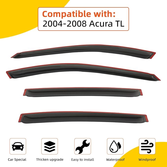 4pcs Out-Channel Smoke Tint Rain Guard Compatible with Compatible with 2004-2008 Acura TL Tape-On Vent Deflector Window Visors Car Accessories