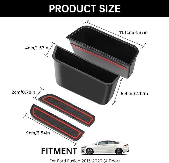 4PCS Door Side Storage Box for Ford Fusion 2013 2014 2015 2016 2017 2018 2019 2020 Front and Rear Accessories Phone Holder Door Grab Handle Pocket Storage Organizer ABS Plastic, Red Mat