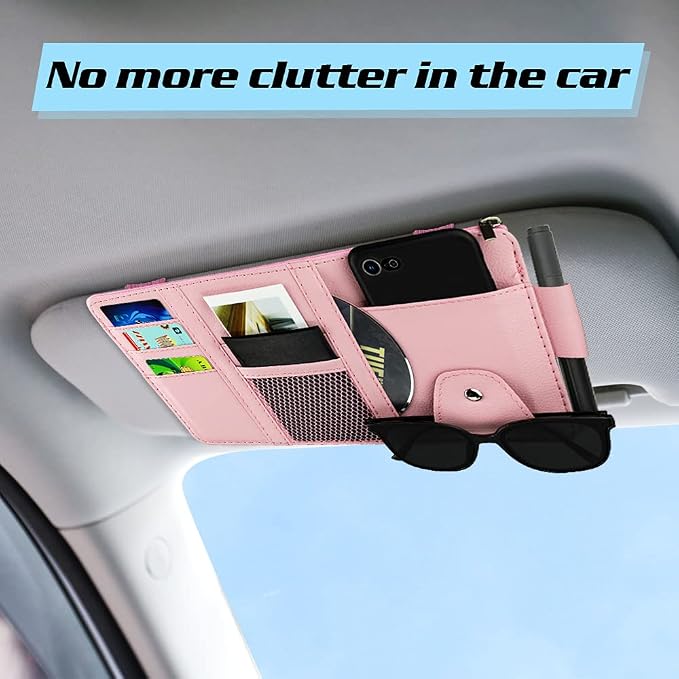 Car Sun Visor Organizer, Leather Pocket Organizer Sunglass Holder for Car Interior Accessories with Multi-Pocket Net Zipper, Pink
