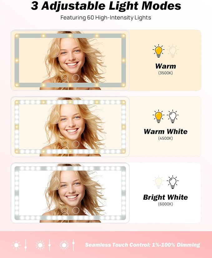 Car Sun Visor Vanity Mirror, Car Vanity Mirror with Lights, Makeup with 3 Light Modes & 60 LEDs, Rechargeable Dimmable Touch Control Travel Makeup for Sedan Truck SUV