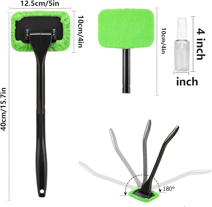 Car Windshield Cleaning Tool, Windshield Cleaner with 5 Washable and Reusable Microfiber Pads and Extendable Handle, for Auto Glass Wiper (Green)