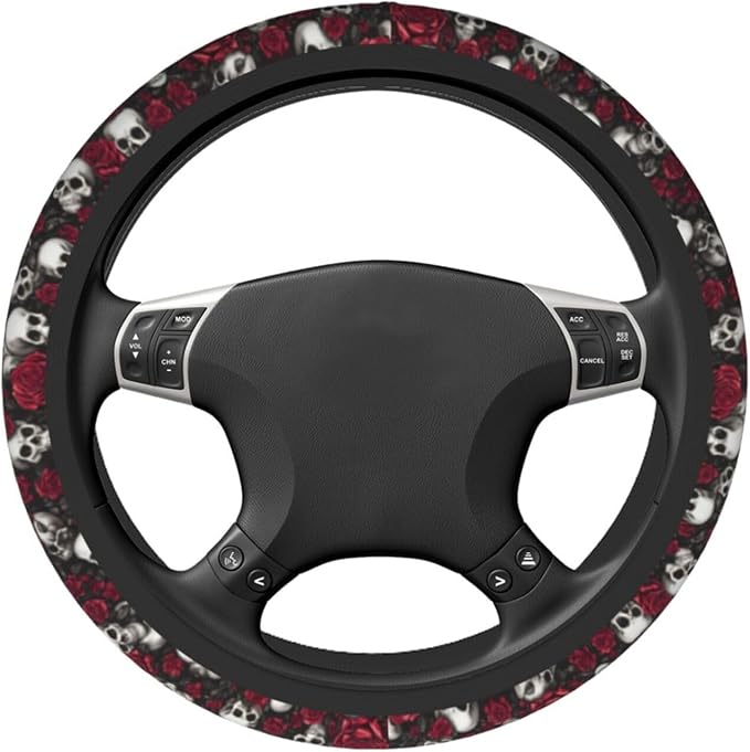 Skull Rose Halloween Scary Steering Wheel Cover Car Accessories Cute for Women Girls Girly Universal 15 Inch Neoprene Auto Interior Decor Anti Slip Car Truck Protector