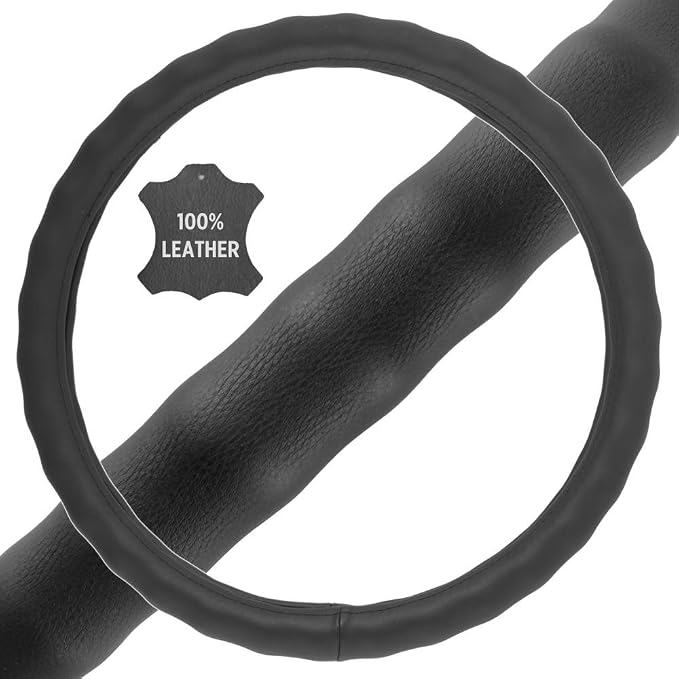 SW-899-LK Black Leather Car Steering Wheel Cover Large Size 15.5 to 16 inch, Easy Installation