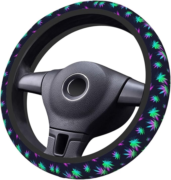 Elastic Weed Leaves Neon Colorful Black Car Steering Wheel Cover Protector Upgrade Thicken,Anti Slip Soft Car Accessories for Diverse Cars Truck SUV for Men Women Universal 15 Inch